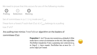 Set of committees in pulling mode are Cpull
These form a forest such that belongs to a pulling
tree of
F C(u) ∈ Cpull
T F
We need to prove that this occurs for any of the following modes:
Pulling Selection Waiting
? ? ?
😠
Any pulling tree mimics TreeToStar algorithm on the leaders of
committees C(u)
 
