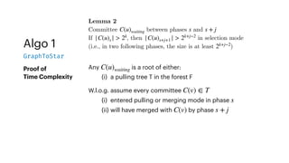 Algo 1
GraphToStar
Proof of
Time Complexity
Lemma 2
Committee between phases and
If , then in selection mode
(i.e., in two following phases, the size is at least )
C(u)waiting s s + j
|C(u)s | > 2k
|C(u)s+j+1 | > 2k+j−2
2k+j−2
Any is a root of either:
(i) a pulling tree T in the forest F
C(u)waiting
W.l.o.g. assume every committee
(i) entered pulling or merging mode in phase
(ii) will have merged with by phase
C(v) ∈ T
s
C(v) s + j
 