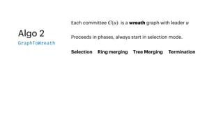 Algo 2
GraphToWreath
Each committee is a wreath graph with leader
C(u) u
Proceeds in phases, always start in selection mode.
Selection Ring merging Tree Merging Termination
 