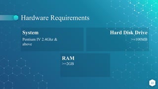 Hardware Requirements
22
System
Pentium IV 2.4Ghz &
above
Hard Disk Drive
>=100MB
RAM
>=2GB
 