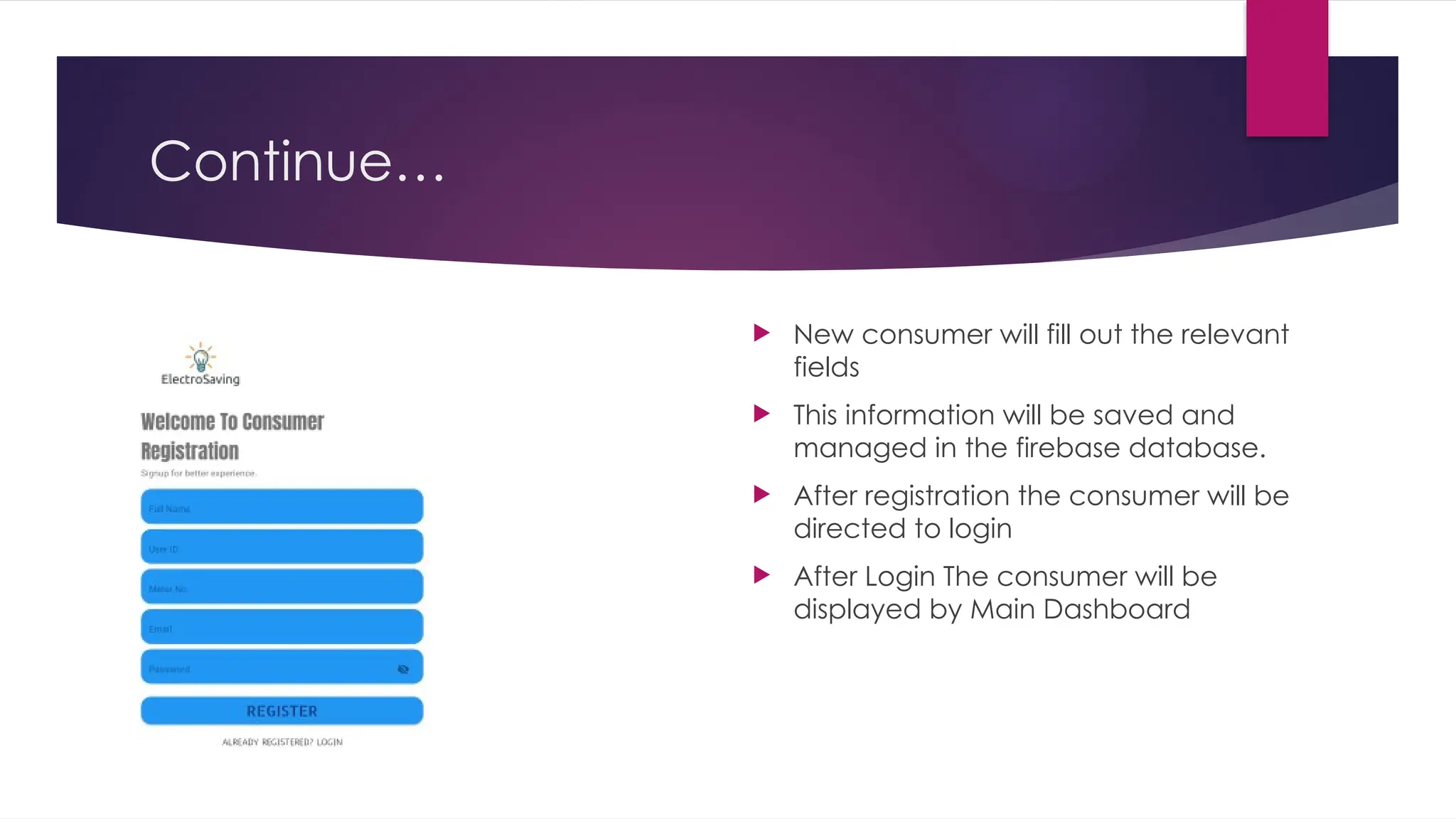 Continue…
 New consumer will fill out the relevant
fields
 This information will be saved and
managed in the firebase database.
 After registration the consumer will be
directed to login
 After Login The consumer will be
displayed by Main Dashboard
 