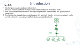  Attacker gets unauthorized access to system.
 Observes network traffic for malicious transactions and sends immediate alerts
 Build a predictive model capable of distinguishing between ‘bad’ (attacks) and ‘good’ (normal)
connections.
 The 'behind-the-firewall' placement allows the IDS with high visibility of incoming network traffic
and will not receive unnecessary traffic between users and network.
3
Introduction
N.I.D.S.
 