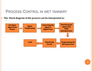 PROCESS CONTROL IN WET TANNERY
   The block diagram of the process can be interpreted as:
     .
          Get Input                   Converting the   Interfacing the
                          Signal                         signal with
         Signal from                     signal to
                       Conditioning                         8085
           Sensor                      digital form
                                                       microprocesor




                           Load          Interfacing    Programming the
                                           Circuit.      Microprocessor




                                                                          4
 