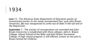 1934 
June 11- The Arkansas State Department of Education grants an 
unrestricted charter to the newly incorporated four-year John Brown 
University. JBU was reorganized to come out of debt in the tail end of 
the Depression. 
September 1- The articles of incorporation are amended and John 
Brown University is established with three colleges: John E. Brown 
College, Siloam School of the Bible and John Brown Vocational 
College. A high school program is still offered, known as the Julia A. 
Brown School for Children. 
 