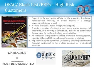 OFAC/ Black List/PEPs – High Risk
Customers
 Current or former senior official in the executive, legislative,
administrative, military, or judicial branch of a foreign
government (elected or not)
 A senior official of a major foreign political party
 A senior executive of a foreign government owned commercial
enterprise, and/or being a corporation, business or other entity
formed by or for the benefit of any such individual
 An immediate family member of such individual; meaning spouse,
parents, siblings, children, and spouse's parents or siblings
 Any individual publicly known (or actually known by the relevant
financial institution) to be a close personal or professional
associate
 