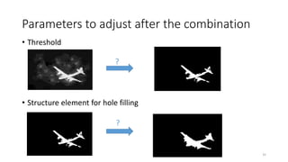 Parameters to adjust after the combination
• Threshold
• Structure element for hole filling
?
?
35
 