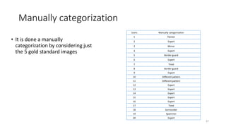 Manually categorization
• It is done a manually
categorization by considering just
the 5 gold standard images
Users Manually categorization
1 Painter
2 Expert
3 Mirror
4 Expert
5 Border guard
6 Expert
7 Tired
8 Border guard
9 Expert
10 Different pattern
11 Different pattern
12 Expert
13 Expert
14 Expert
15 Expert
16 Expert
17 Tired
18 Surrounder
19 Spammer
20 Expert
47
 