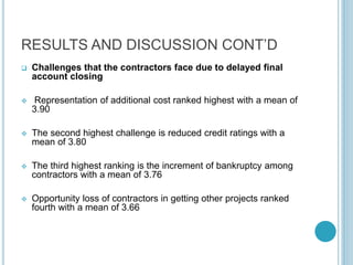 RESULTS AND DISCUSSION CONT’D
 Challenges that the contractors face due to delayed final
account closing
 Representation of additional cost ranked highest with a mean of
3.90
 The second highest challenge is reduced credit ratings with a
mean of 3.80
 The third highest ranking is the increment of bankruptcy among
contractors with a mean of 3.76
 Opportunity loss of contractors in getting other projects ranked
fourth with a mean of 3.66
 