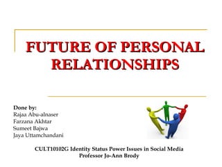 FUTURE OF PERSONAL RELATIONSHIPS Done by: Rajaa Abu-alnaser Farzana Akhtar Sumeet Bajwa Jaya Uttamchandani CULT10102G Identity Status Power Issues in Social Media Professor Jo-Ann Brody 