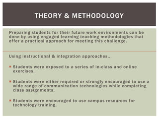 THEORY & METHODOLOGY

Preparing students for their future work environments can be
done by using engaged learning teaching methodologies that
of fer a practical approach for meeting this challenge .


Using instructional & integration approaches...

 Students were exposed to a series of in -class and online
  exercises.

 Students were either required or strongly encouraged to use a
  wide range of communication technologies while completing
  class assignments.

 Students were encouraged to use campus resources for
  technology training.
 