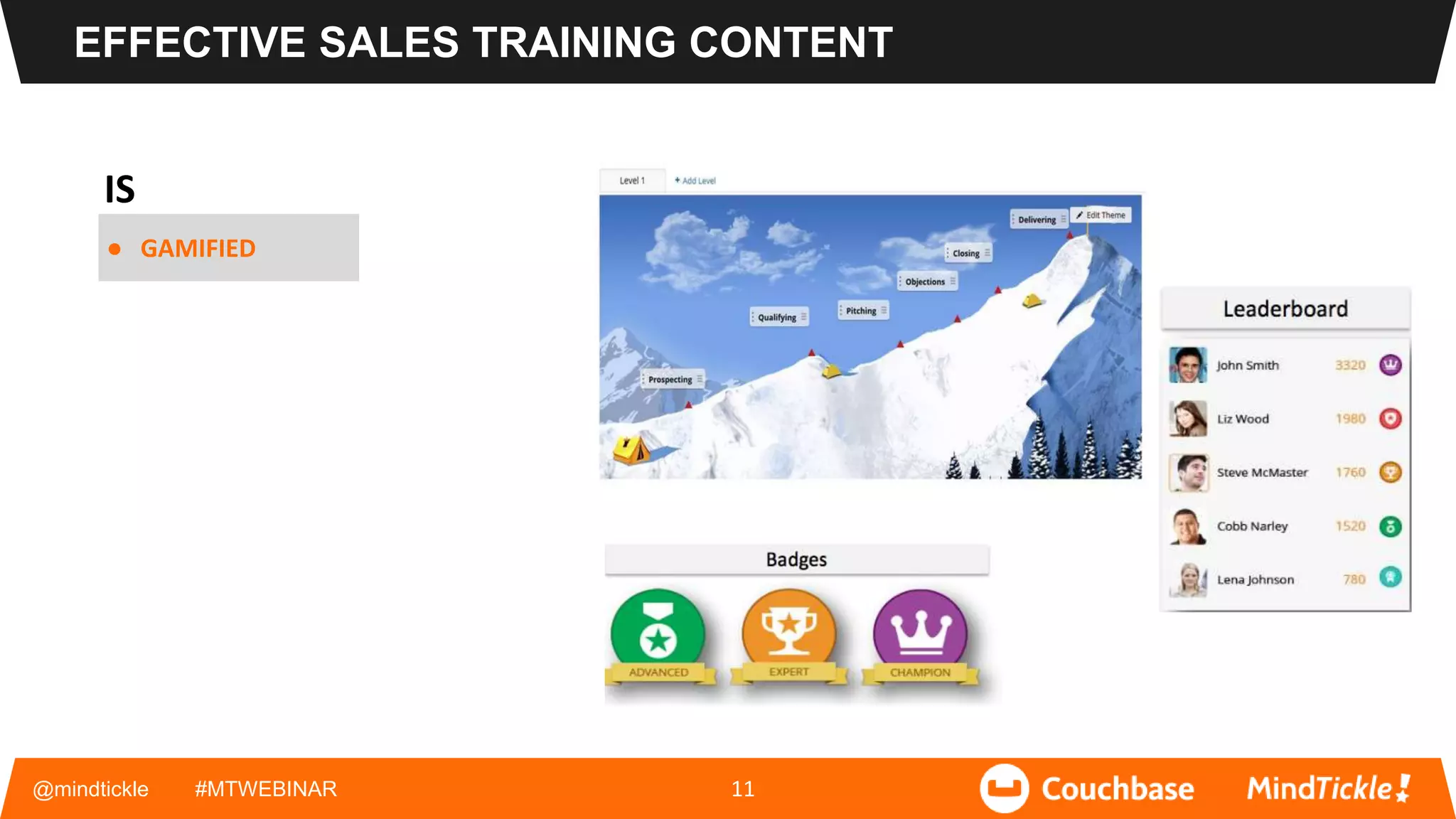 EFFECTIVE SALES TRAINING CONTENT
IS
● GAMIFIED
@mindtickle #MTWEBINAR 11
 