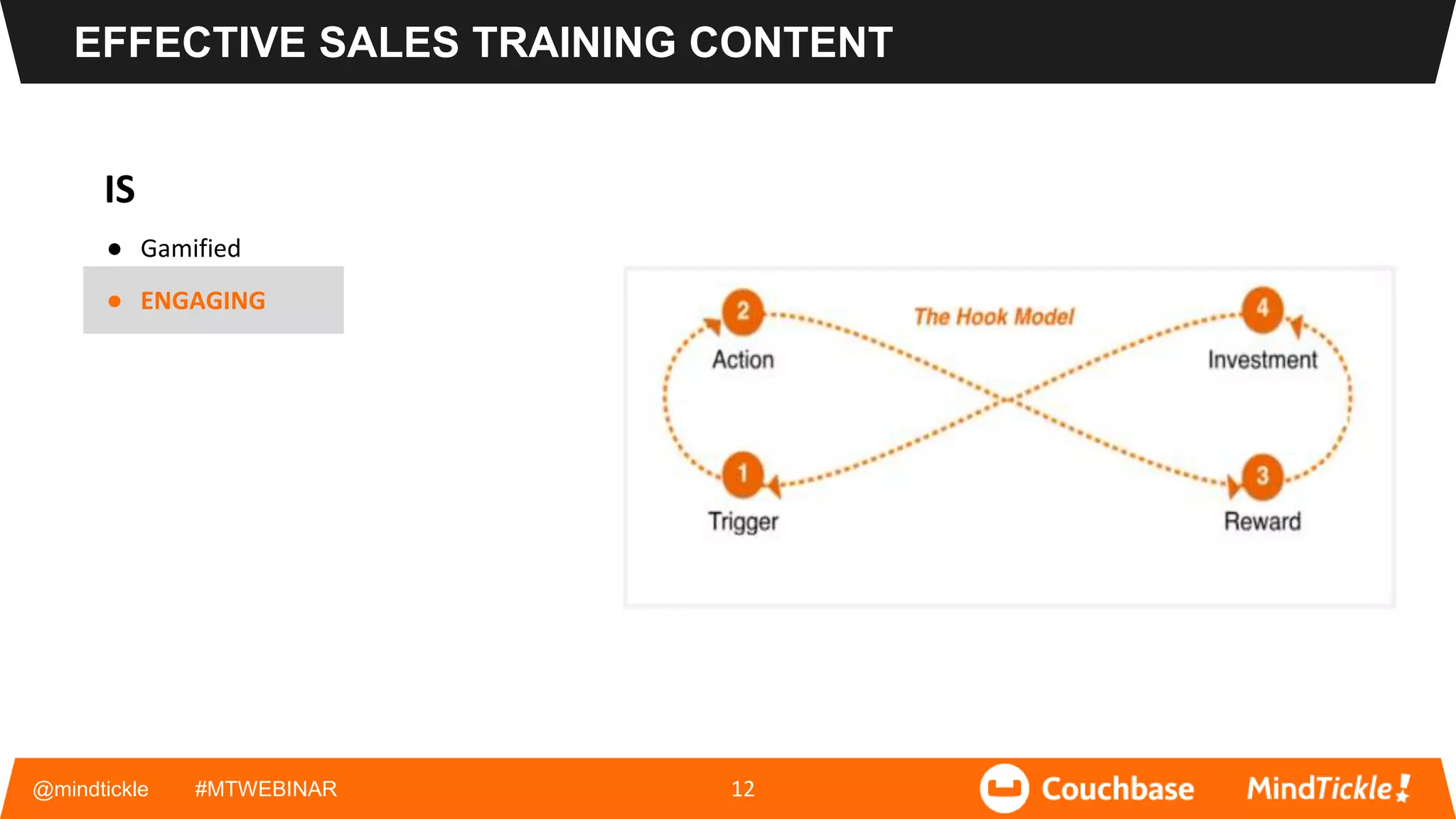 EFFECTIVE SALES TRAINING CONTENT
IS
● Gamified
● ENGAGING
@mindtickle #MTWEBINAR 12
 