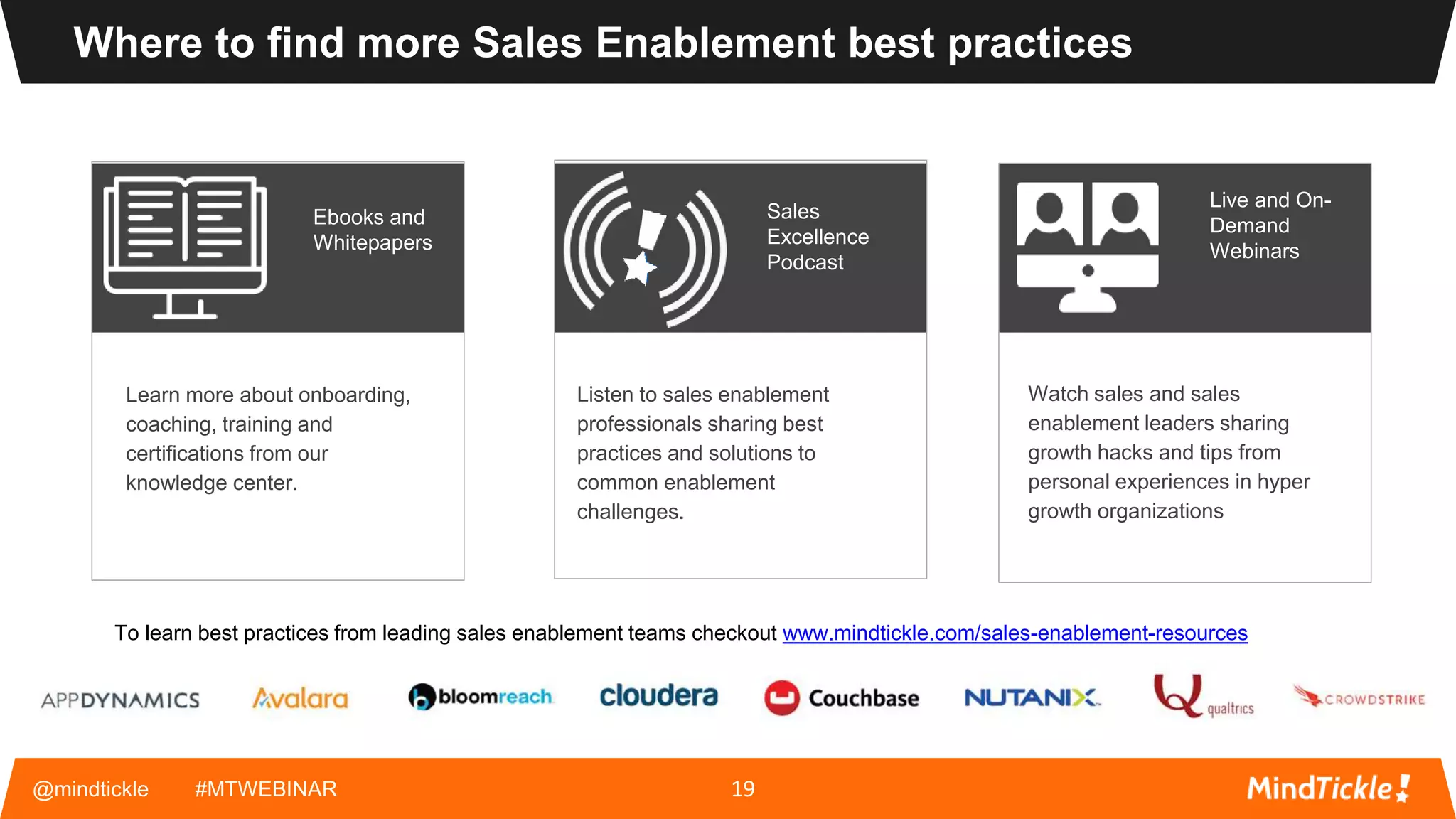 @mindtickle #MTWEBINAR
Where to find more Sales Enablement best practices
19
To learn best practices from leading sales enablement teams checkout www.mindtickle.com/sales-enablement-resources
Learn more about onboarding,
coaching, training and
certifications from our
knowledge center.
Listen to sales enablement
professionals sharing best
practices and solutions to
common enablement
challenges.
Watch sales and sales
enablement leaders sharing
growth hacks and tips from
personal experiences in hyper
growth organizations
Ebooks and
Whitepapers
Sales
Excellence
Podcast
Live and On-
Demand
Webinars
 