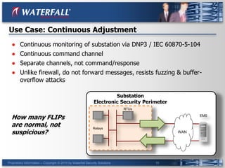 Proprietary Information -- Copyright © 2015 by Waterfall Security Solutions 15
Use Case: Continuous Adjustment
● Continuous monitoring of substation via DNP3 / IEC 60870-5-104
● Continuous command channel
● Separate channels, not command/response
● Unlike firewall, do not forward messages, resists fuzzing & buffer-
overflow attacks
How many FLIPs
are normal, not
suspicious?
Relays
RTUs
Substation
Electronic Security Perimeter
WAN
EMS
 