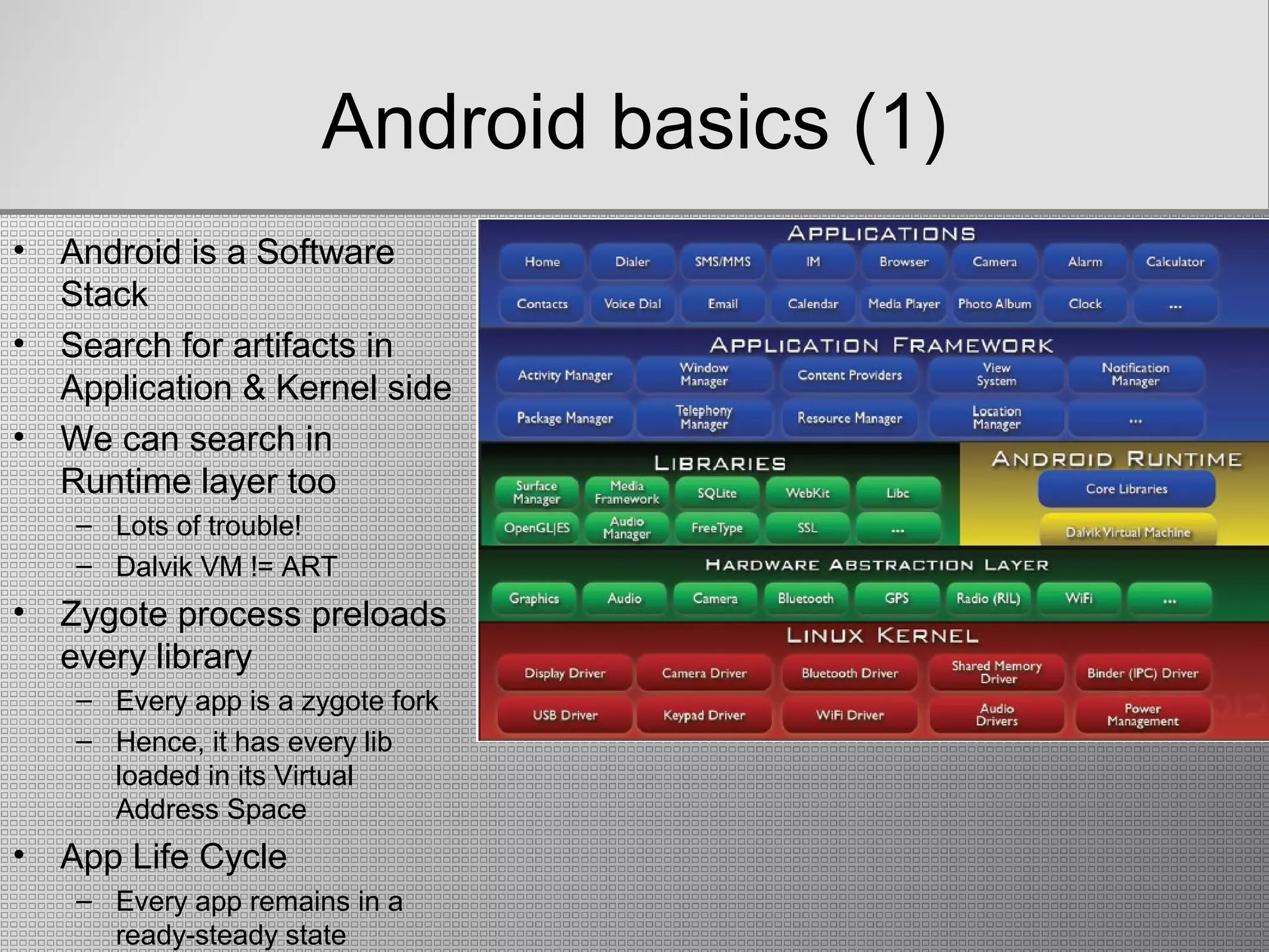 Android basics (1)
• Android is a Software
Stack
• Search for artifacts in
Application & Kernel side
• We can search in
Runtime layer too
– Lots of trouble!
– Dalvik VM != ART
• Zygote process preloads
every library
– Every app is a zygote fork
– Hence, it has every lib
loaded in its Virtual
Address Space
• App Life Cycle
– Every app remains in a
ready-steady state
 