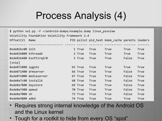 Process Analysis (4)
$ python vol.py -f ~/android-dumps/example.dump linux_psxview
Volatility Foundation Volatility Framework 2.4
Offset(V) Name PID pslist pid_hash kmem_cache parents leaders
---------- -------------------- ------ ------ -------- ---------- ------- -------
0xde81bc00 init 1 True True True True True
0xde81b800 kthreadd 2 True True True True True
0xde81b400 ksoftirqd/0 3 True True True False True
[snip]
0xde071800 zygote 65 True True True True True
0xde071400 drmserver 66 True True True False True
0xde071000 mediaserver 67 True True True False True
0xde0a7c00 installd 68 True True True False True
0xde0a7800 keystore 69 True True True False True
0xde0a7400 qemud 70 True True True False True
0xde0a7000 sh 73 True True True False True
0xde0e9800 adbd 74 True True True True True
• Requires strong internal knowledge of the Android OS
and the Linux kernel
• Tough for a rootkit to hide from every OS “spot”
 