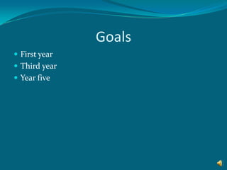 Goals First year Third year  Year five
