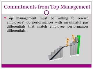 Commitments from Top Management
Top management must be willing to reward
employees’ job performances with meaningful pay
differentials that match employee performances
differentials.
 