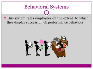 Behavioral Systems
This system rates employees on the extent to which
they display successful job performance behaviors.
 