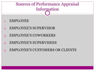 Sources of Performance Appraisal
Information
1. EMPLOYEE
2. EMPLOYEE’S SUPERVISOR
3. EMPLOYEE’S COWORKERS
4. EMPLOYEE’S SUPERVISEES
5. EMPLOYEE’S CUSTOMERS OR CLIENTS
 