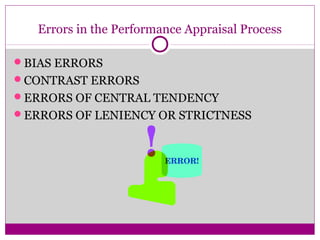 Errors in the Performance Appraisal Process
BIAS ERRORS
CONTRAST ERRORS
ERRORS OF CENTRAL TENDENCY
ERRORS OF LENIENCY OR STRICTNESS
 