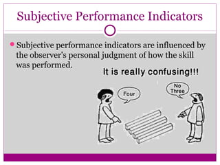 Subjective Performance Indicators
Subjective performance indicators are influenced by
the observer's personal judgment of how the skill
was performed.
 