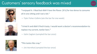 Customers’ sensory feedback was mixed
“I enjoyed it. I liked but didn’t love the flavor. [It’s] far too dense to consume
all in one sitting and I eat a lot.”
— Tyler Fisher-Colbrie (ate the bar for one week)
“I tried it and didn’t find it tasty. I would want a doctor’s recommendation to
replace my current, tastier bars.”
— Salim Saglam (sampled the bar once)
“This tastes like crap.”
— Jim Hornthal (sampled the bar once)
 