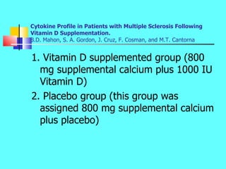 Cytokine Profile in Patients with Multiple Sclerosis Following Vitamin D Supplementation. B.D. Mahon, S. A. Gordon, J. Cru...