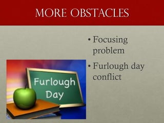 More obstacles
• Focusing
problem
• Furlough day
conflict