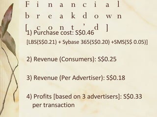 1) Purchase cost: S$0.46 [LBS(S$0.21) + Sybase 365(S$0.20) +SMS(S$ 0.05)] 2) Revenue (Consumers): S$0.25 3) Revenue (Per Advertiser): S$0.18 4) Profits [based on 3 advertisers]: S$0.33 per transaction Financial breakdown [cont’d] 