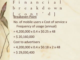 Financial breakdown [cont’d] Breakeven Point No. of mobile users x Cost of service x Frequency of usage (annual) = 4,200,000 x 0.4 x $0.25 x 48 = $ 20,160,000 Cost to advertisers  = 4,200,000 x 0.4 x $0.18 x 2 x 48 = $ 29,030,400 