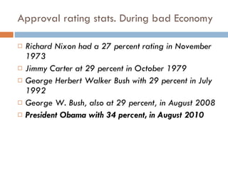 Approval rating stats. During bad Economy <ul><li>Richard Nixon had a 27 percent rating in November 1973 </li></ul><ul><li...