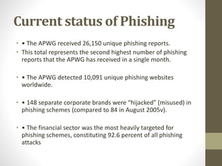 Current status of Phishing
• • The APWG received 26,150 unique phishing reports.
• This total represents the second highest number of phishing
reports that the APWG has received in a single month.
• • The APWG detected 10,091 unique phishing websites
worldwide.
• • 148 separate corporate brands were “hijacked” (misused) in
phishing schemes (compared to 84 in August 2005v).
• • The financial sector was the most heavily targeted for
phishing schemes, constituting 92.6 percent of all phishing
attacks
 