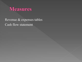 Revenue & expenses tables
Cash flow statement
 