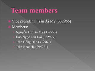  Vice president: Trần Ái My (332966)
 Members:
› Nguyễn Thị Trà My (332953)
› Đào Ngọc Lan Đài (332929)
› Trần Hồng Đào (332967)
› Trần Nhật Hạ (295921)
 