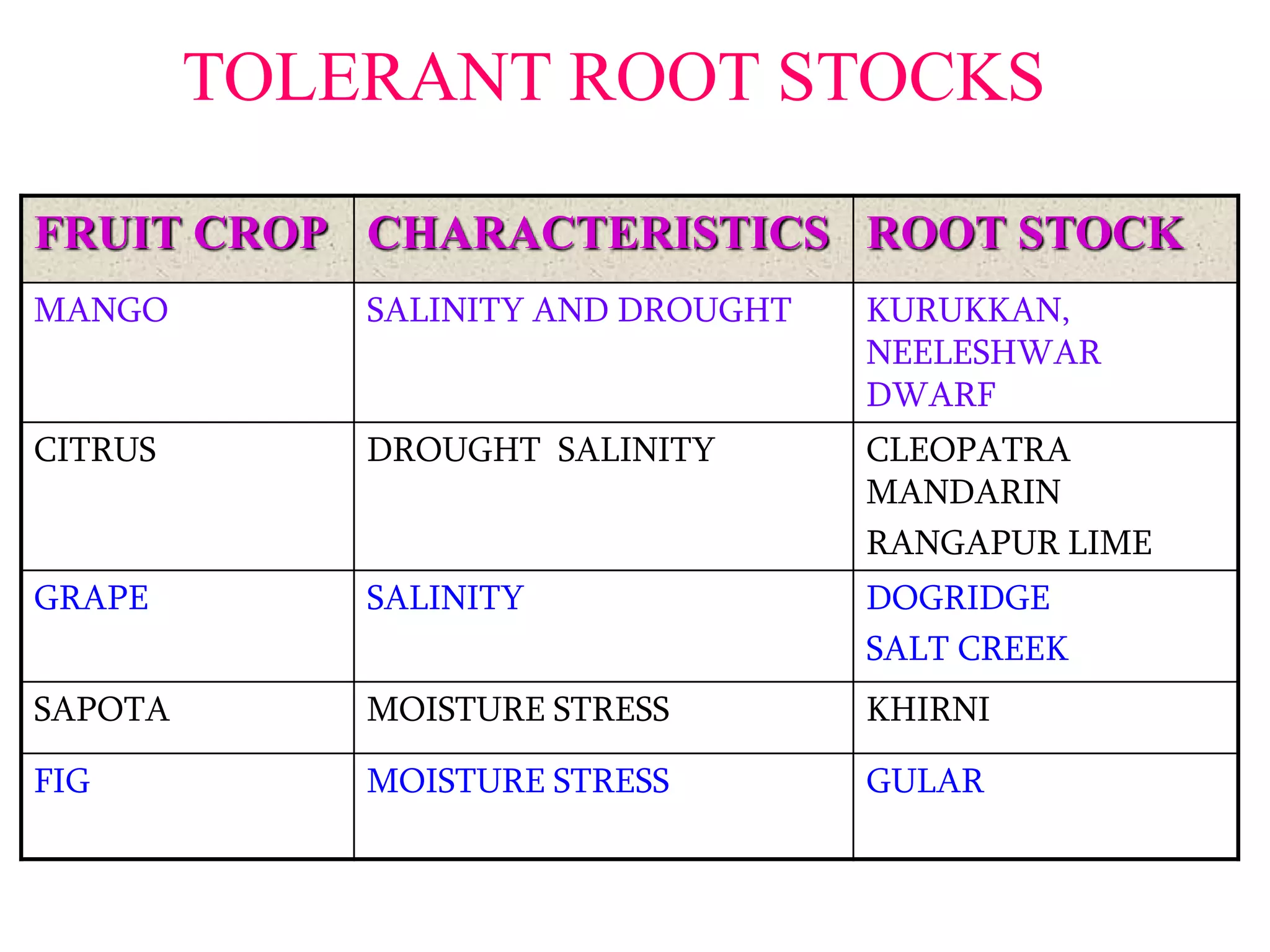 FRUIT CROP CHARACTERISTICS ROOT STOCK
MANGO SALINITY AND DROUGHT KURUKKAN,
NEELESHWAR
DWARF
CITRUS DROUGHT SALINITY CLEOPATRA
MANDARIN
RANGAPUR LIME
GRAPE SALINITY DOGRIDGE
SALT CREEK
SAPOTA MOISTURE STRESS KHIRNI
FIG MOISTURE STRESS GULAR
TOLERANT ROOT STOCKS
 