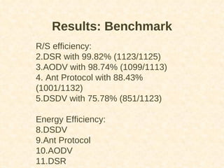 Results: Benchmark R/S efficiency: DSR with 99.82% (1123/1125) AODV with 98.74% (1099/1113) Ant Protocol with 88.43% (1001/1132) DSDV with 75.78% (851/1123) Energy Efficiency: DSDV Ant Protocol AODV DSR 