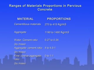 Ranges of Materials Proportions in PerviousRanges of Materials Proportions in Pervious
ConcreteConcrete..
MATERIALMATERIAL PROPORTIONSPROPORTIONS
Cementitious materialsCementitious materials 270 to 415270 to 415 Kg/m3Kg/m3
AggregateAggregate 1190 to 14801190 to 1480 Kg/m3Kg/m3
Water: Cement ratioWater: Cement ratio
(by mass)(by mass)
0.27 to 0.340.27 to 0.34
Aggregate: cement ratioAggregate: cement ratio
(by mass)(by mass)
4 to 4.5:14 to 4.5:1
Fine: coarse aggregateFine: coarse aggregate
ratioratio
(by mass)(by mass)
0 to 1:10 to 1:1
 