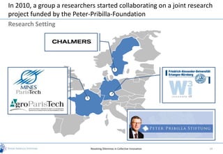 In 2010, a group a researchers started collaborating on a joint research
project funded by the Peter-Pribilla-Foundation
Research Setting




                             Resolving Dilemmas in Collective Innovation   24
 