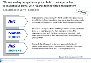 We see leading companies apply ambidextrous approaches
(Simultaneous Solve) with regards to innovation management
Simultaneous Solve - Examples

                     • Organizational ambidexterity: Procter & Gamble have decentralized
                       their R&D unit closer towards the business units and simultaneously
                       created central innovation „think-tanks“ for disruptive innovations


                     • Embedded Linux (OSS): Nokia and Philips in some cases have chosen
                       Linux as operating system for their electronic devices. The
                       developers engage with the Linux open source community and
                       selectively share some of their own innovations while protecting
                       (hiding) others


                     • Procter & Gamble as well as Siemens systematically identify
                       Intellectual Property (patents) which they do not use for their own
                       business and commercialize it via Licensing and Spin-outs



                                                                           Source: Web research, press articles

                             Resolving Dilemmas in Collective Innovation                                          32
 
