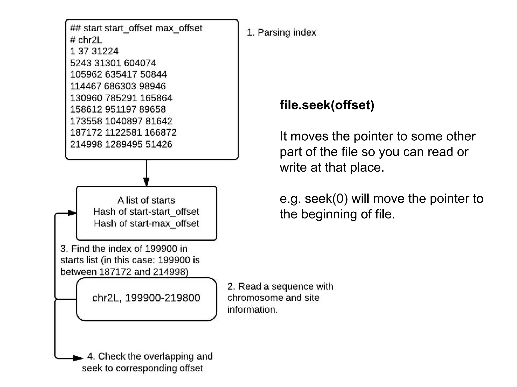 file.seek(offset) It moves the pointer to some other part of the file so you can read or write at that place. e.g. seek(0) will move the pointer to the beginning of file. 