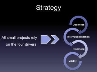 Strategy

                                     Openness




                                 Internationalization
All small projects rely
  on the four drivers
                                      Pragmatic




                                  Vitality
 