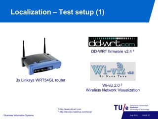 Localization – Test setup (1)




                                                                      DD-WRT firmware v2.4 4




            3x Linksys WRT54GL router
                                                                         Wi-viz 2.0 5
                                                                Wireless Network Visualization



                                 4 http://www.dd-wrt.com
                                 5   http://devices.natetrue.com/wiviz/
/ Business Information Systems                                                           July 2010   PAGE 27
 