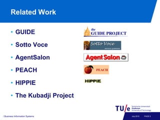 Related Work

       • GUIDE

       • Sotto Voce

       • AgentSalon

       • PEACH

       • HIPPIE

       • The Kubadji Project


/ Business Information Systems   July 2010   PAGE 5
 
