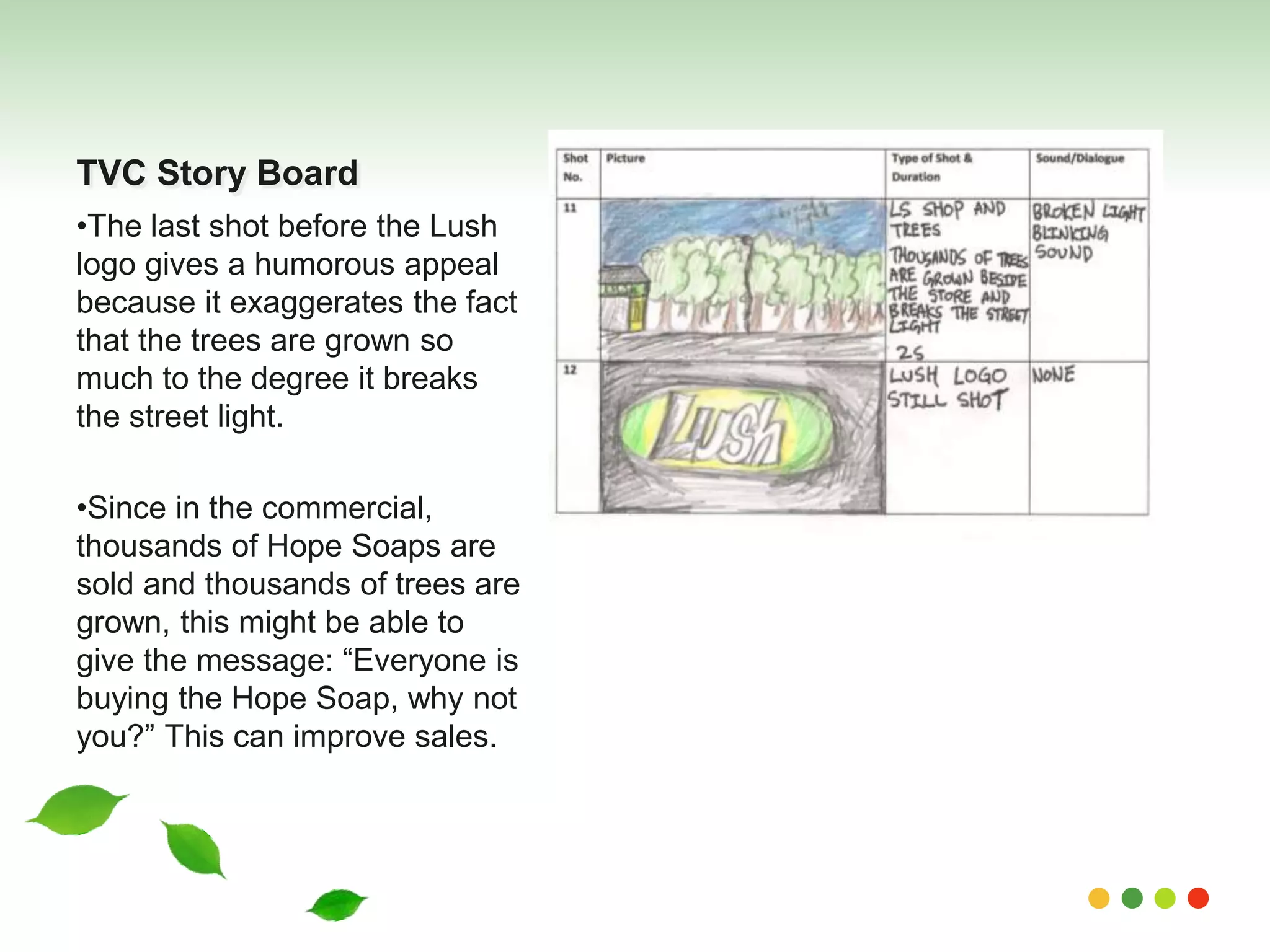 TVC Story Board 
•The last shot before the Lush 
logo gives a humorous appeal 
because it exaggerates the fact 
that the trees are grown so 
much to the degree it breaks 
the street light. 
•Since in the commercial, 
thousands of Hope Soaps are 
sold and thousands of trees are 
grown, this might be able to 
give the message: “Everyone is 
buying the Hope Soap, why not 
you?” This can improve sales. 
 