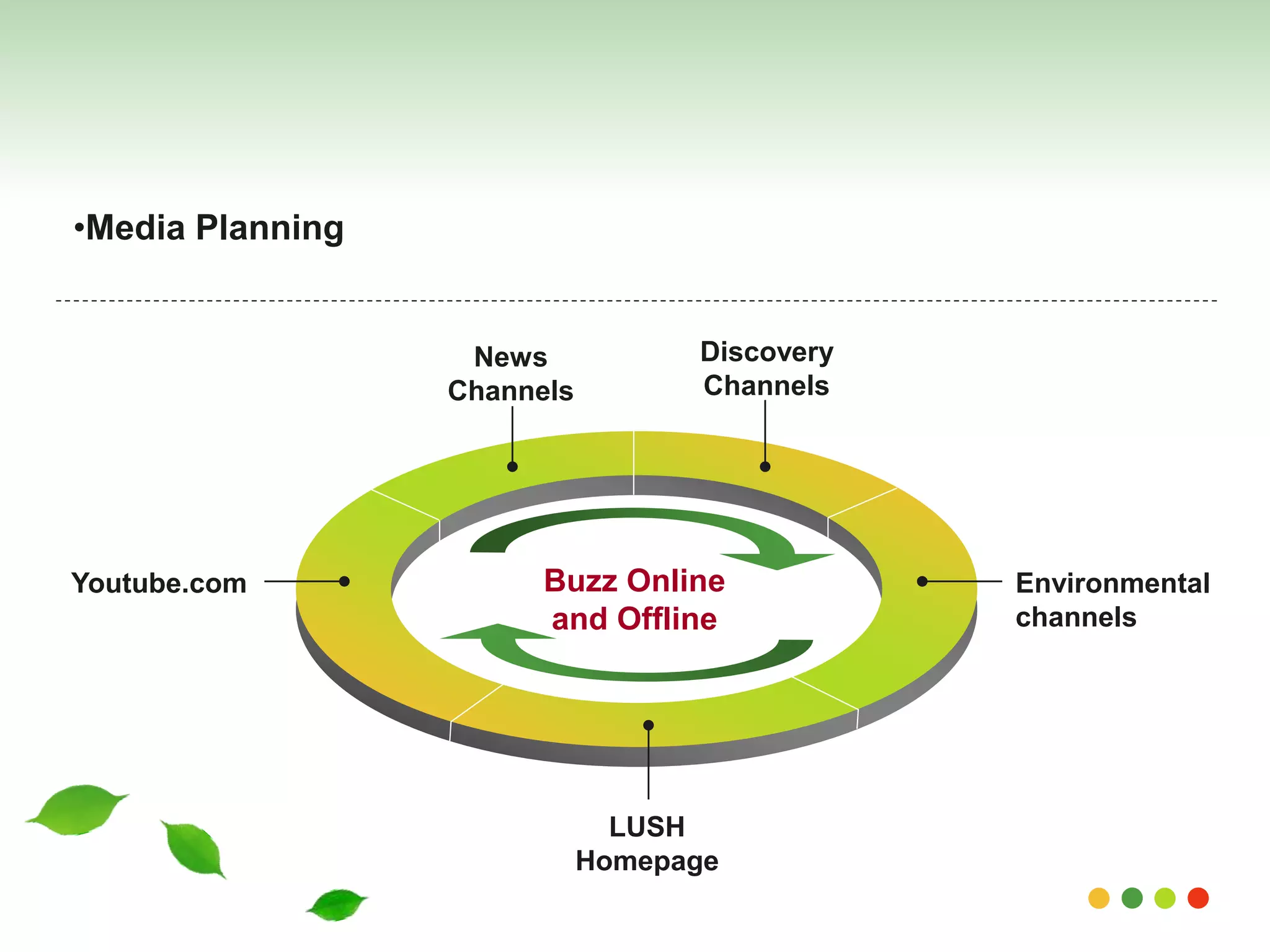 News 
Channels 
Discovery 
Channels 
Environmental 
channels 
Youtube.com Buzz Online 
and Offline 
LUSH 
Homepage 
•Media Planning 
 