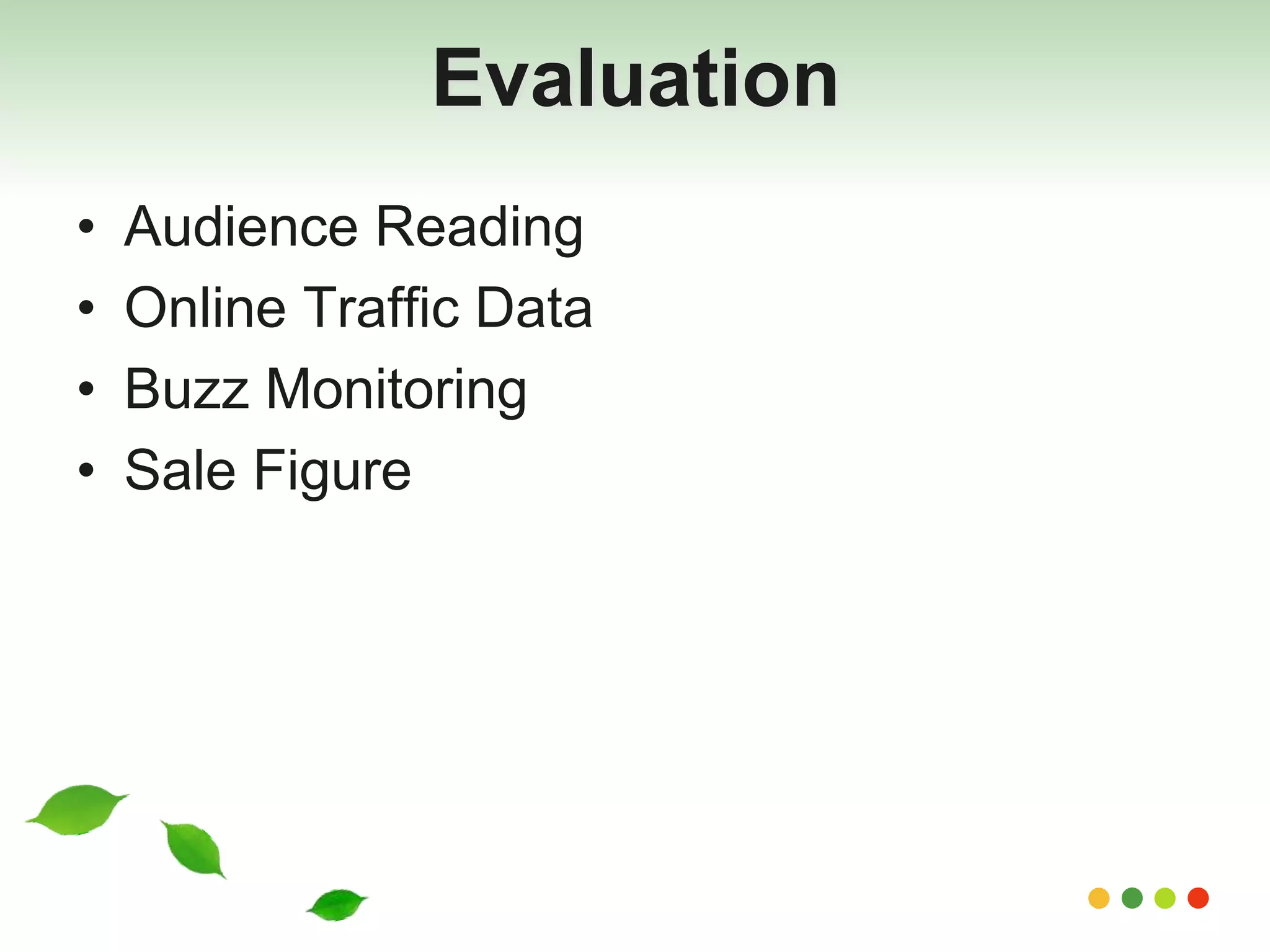 Evaluation 
• Audience Reading 
• Online Traffic Data 
• Buzz Monitoring 
• Sale Figure 
 