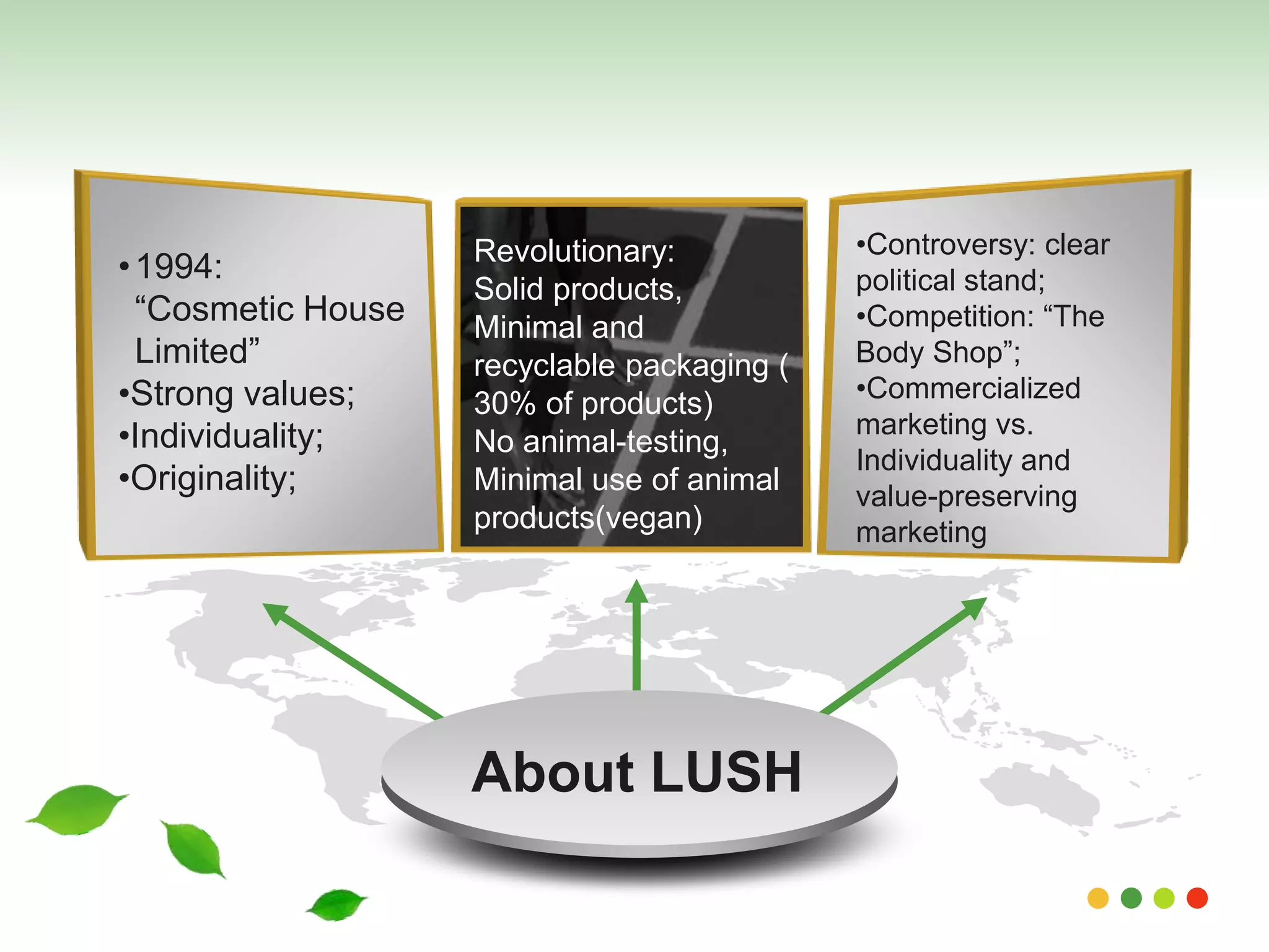 • 1994: 
“Cosmetic House 
Limited” 
•Strong values; 
•Individuality; 
•Originality; 
•Controversy: clear 
political stand; 
•Competition: “The 
Body Shop”; 
•Commercialized 
marketing vs. 
Individuality and 
value-preserving 
marketing 
Revolutionary: 
Solid products, 
Minimal and 
recyclable packaging ( 
30% of products) 
No animal-testing, 
Minimal use of animal 
products(vegan) 
About LUSH 
 