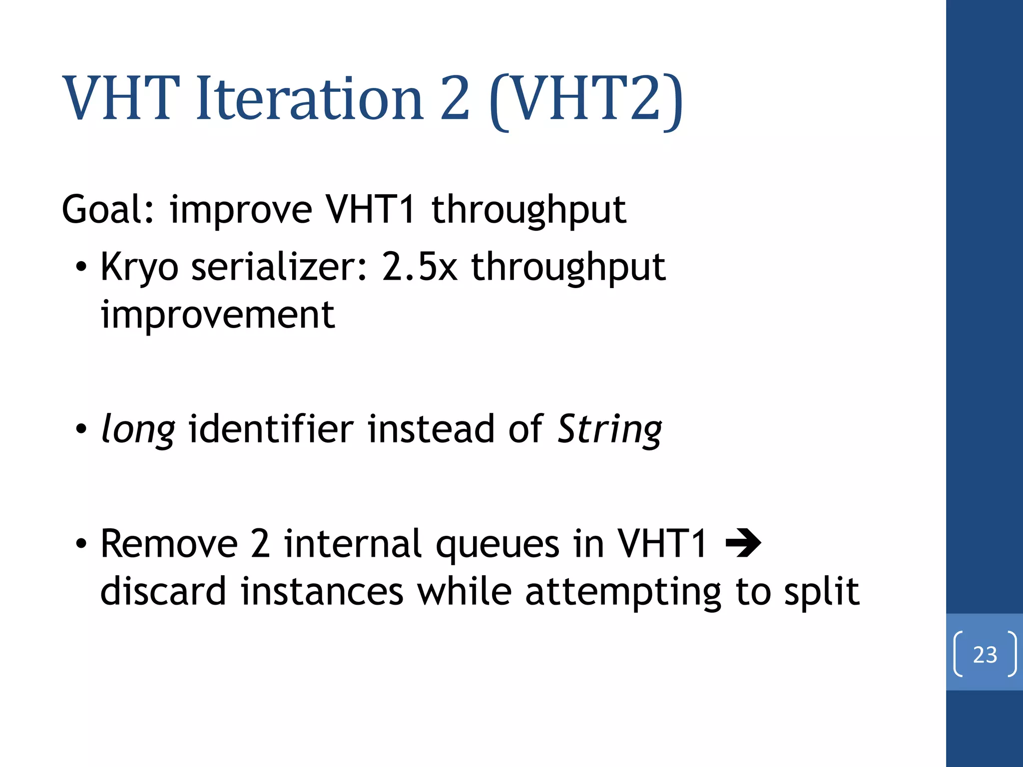 VHT Iteration 2 (VHT2)
Goal: improve VHT1 throughput
• Kryo serializer: 2.5x throughput
improvement
• long identifier instead of String
• Remove 2 internal queues in VHT1 
discard instances while attempting to split
23
 