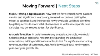 Moving Forward | Next Steps
Michelle Villagra and Victoria Young | MIT Sloan
Model Testing & Optimization: Now that we have reached some baseline
metrics and significance in accuracy, we need to continue testing the
model to optimize it and incorporate newly available variables over time
by getting access to more valid observations as well as incorporate new
variables into our models to test for significance.
Analysis To Action: In order to make any analysis actionable, we would
need to conduct additional research by expanding the amount of
observations, adding additional variables to test for significance including
revenue, number of customers, App Annie download data, key investors,
year over year growth, etc.
 